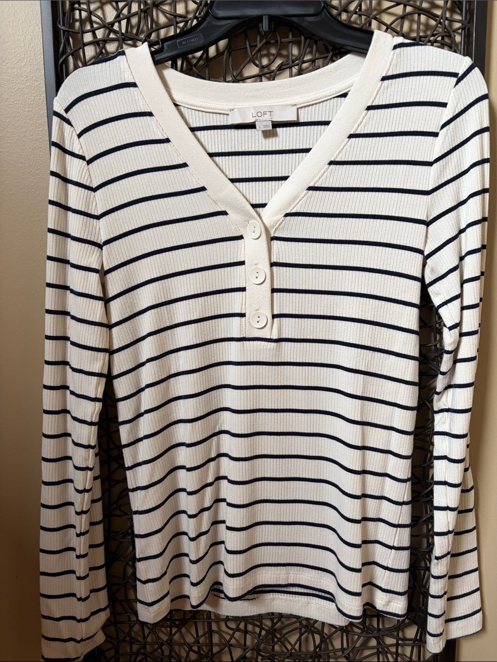 LOFT Cream and Navy Striped Henley Long Sleeve Tee
